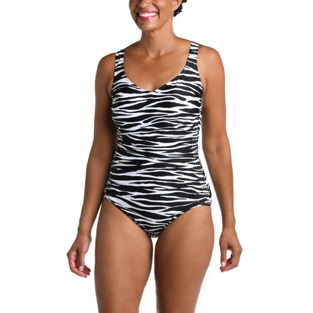 Maxine of Hollywood Safari Zebra Side Shirred One Piece Swimsuit sz 14 NWT $79